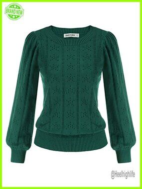 Women's Puff Long Sleeve Crochet Knit Sweater Pullover Slim Fit
